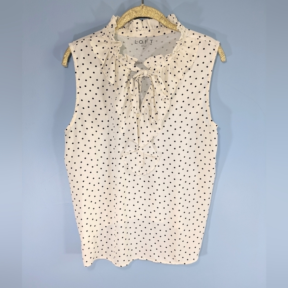 Loft Cream/Black Polkadot Ruffled Tie Neck Sleeveless Top